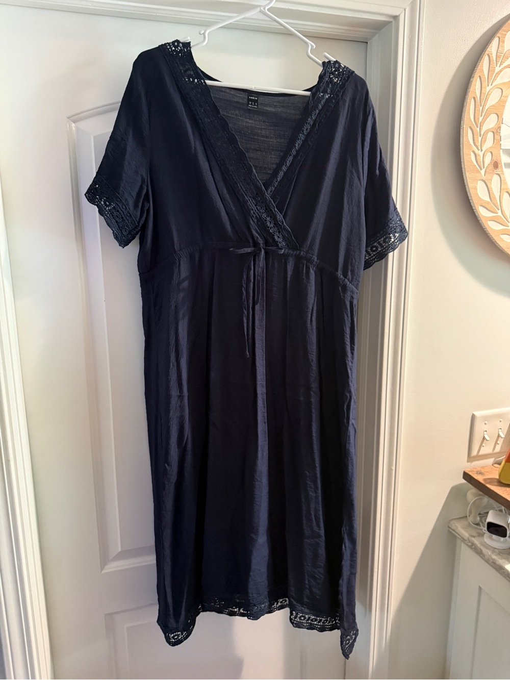 SHEIN Navy Lace-Trim Wrap Midi Dress